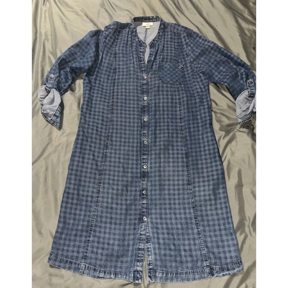 J. Jill Denim Blue Gingham Check Button Front Roll Tab Shirt Dress With Pockets